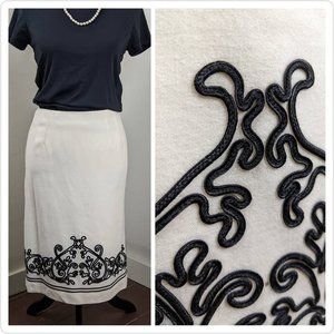 Vtg Boho White Wool Skirt Black Embroidery Fully Lined Tea Length Skirt Talbots